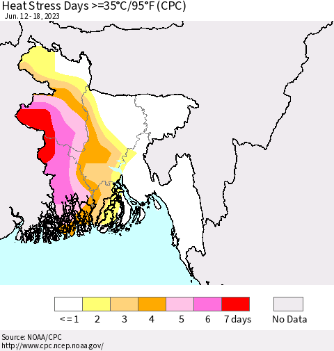 Bangladesh Heat Stress Days >=35°C/95°F (CPC) Thematic Map For 6/12/2023 - 6/18/2023