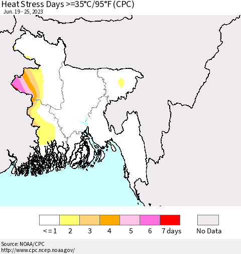 Bangladesh Heat Stress Days >=35°C/95°F (CPC) Thematic Map For 6/19/2023 - 6/25/2023