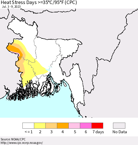 Bangladesh Heat Stress Days >=35°C/95°F (CPC) Thematic Map For 7/3/2023 - 7/9/2023