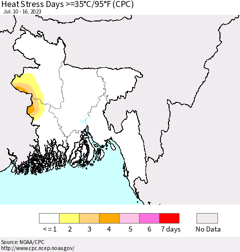 Bangladesh Heat Stress Days >=35°C/95°F (CPC) Thematic Map For 7/10/2023 - 7/16/2023