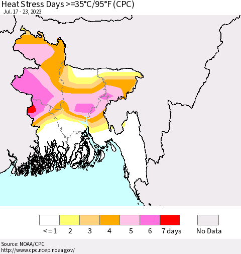 Bangladesh Heat Stress Days >=35°C/95°F (CPC) Thematic Map For 7/17/2023 - 7/23/2023