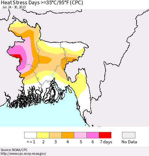 Bangladesh Heat Stress Days >=35°C/95°F (CPC) Thematic Map For 7/24/2023 - 7/30/2023