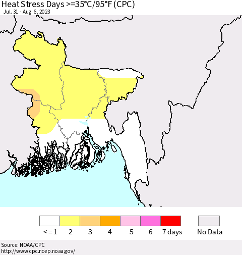 Bangladesh Heat Stress Days >=35°C/95°F (CPC) Thematic Map For 7/31/2023 - 8/6/2023