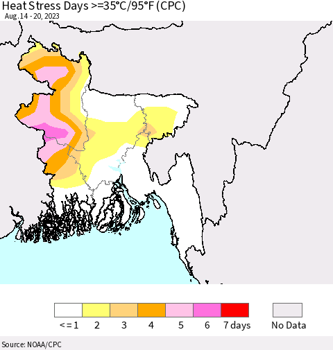 Bangladesh Heat Stress Days >=35°C/95°F (CPC) Thematic Map For 8/14/2023 - 8/20/2023