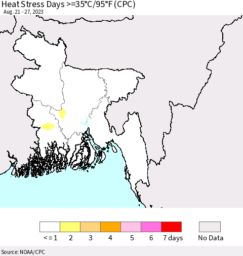 Bangladesh Heat Stress Days >=35°C/95°F (CPC) Thematic Map For 8/21/2023 - 8/27/2023