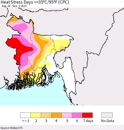 Bangladesh Heat Stress Days >=35°C/95°F (CPC) Thematic Map For 8/28/2023 - 9/3/2023