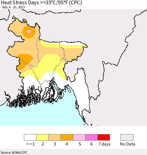 Bangladesh Heat Stress Days >=35°C/95°F (CPC) Thematic Map For 9/4/2023 - 9/10/2023
