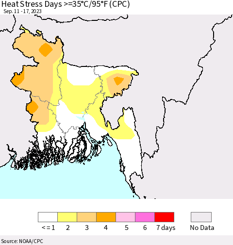 Bangladesh Heat Stress Days >=35°C/95°F (CPC) Thematic Map For 9/11/2023 - 9/17/2023