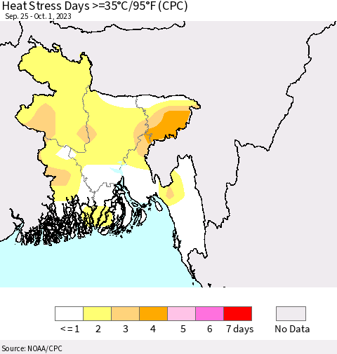 Bangladesh Heat Stress Days >=35°C/95°F (CPC) Thematic Map For 9/25/2023 - 10/1/2023