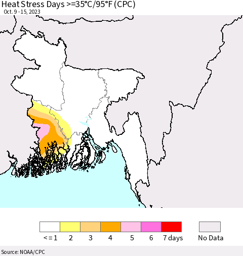 Bangladesh Heat Stress Days >=35°C/95°F (CPC) Thematic Map For 10/9/2023 - 10/15/2023