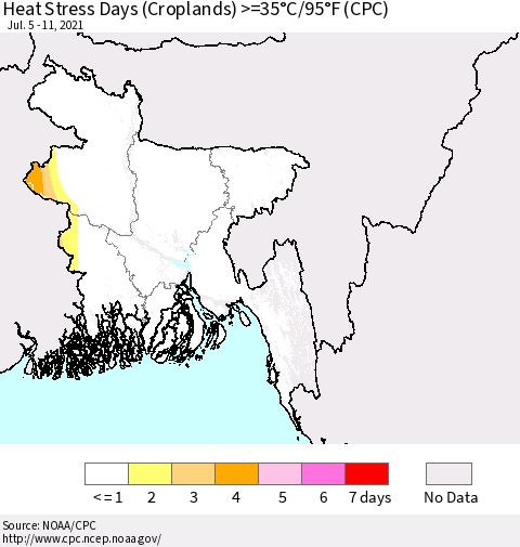 Bangladesh Heat Stress Days (Croplands) >=35°C/95°F (CPC) Thematic Map For 7/5/2021 - 7/11/2021