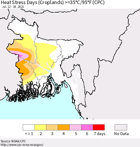 Bangladesh Heat Stress Days (Croplands) >=35°C/95°F (CPC) Thematic Map For 7/12/2021 - 7/18/2021