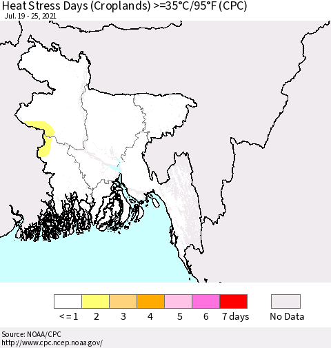 Bangladesh Heat Stress Days (Croplands) >=35°C/95°F (CPC) Thematic Map For 7/19/2021 - 7/25/2021