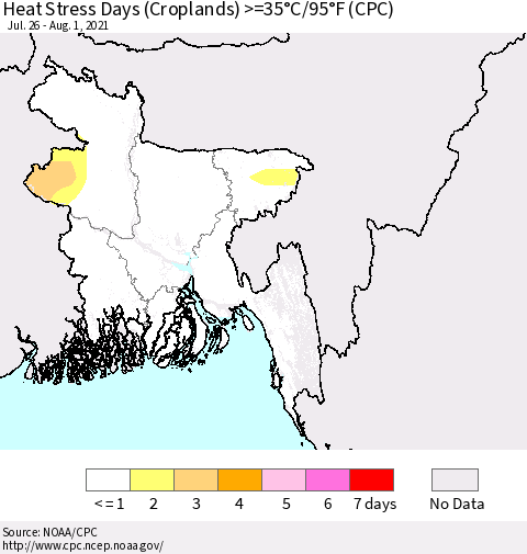 Bangladesh Heat Stress Days (Croplands) >=35°C/95°F (CPC) Thematic Map For 7/26/2021 - 8/1/2021
