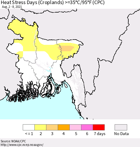 Bangladesh Heat Stress Days (Croplands) >=35°C/95°F (CPC) Thematic Map For 8/2/2021 - 8/8/2021
