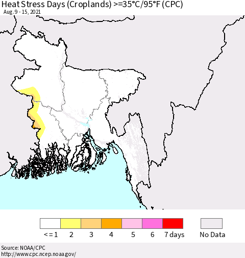Bangladesh Heat Stress Days (Croplands) >=35°C/95°F (CPC) Thematic Map For 8/9/2021 - 8/15/2021