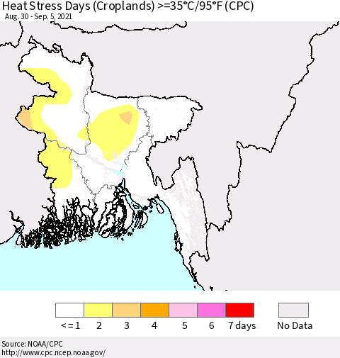 Bangladesh Heat Stress Days (Croplands) >=35°C/95°F (CPC) Thematic Map For 8/30/2021 - 9/5/2021