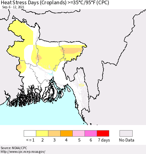 Bangladesh Heat Stress Days (Croplands) >=35°C/95°F (CPC) Thematic Map For 9/6/2021 - 9/12/2021
