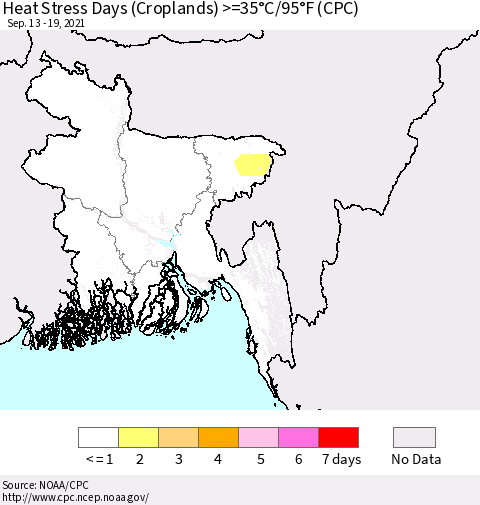 Bangladesh Heat Stress Days (Croplands) >=35°C/95°F (CPC) Thematic Map For 9/13/2021 - 9/19/2021