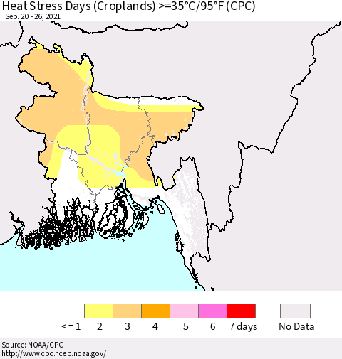 Bangladesh Heat Stress Days (Croplands) >=35°C/95°F (CPC) Thematic Map For 9/20/2021 - 9/26/2021