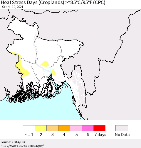 Bangladesh Heat Stress Days (Croplands) >=35°C/95°F (CPC) Thematic Map For 10/4/2021 - 10/10/2021