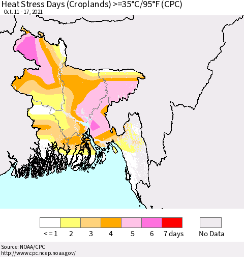 Bangladesh Heat Stress Days (Croplands) >=35°C/95°F (CPC) Thematic Map For 10/11/2021 - 10/17/2021