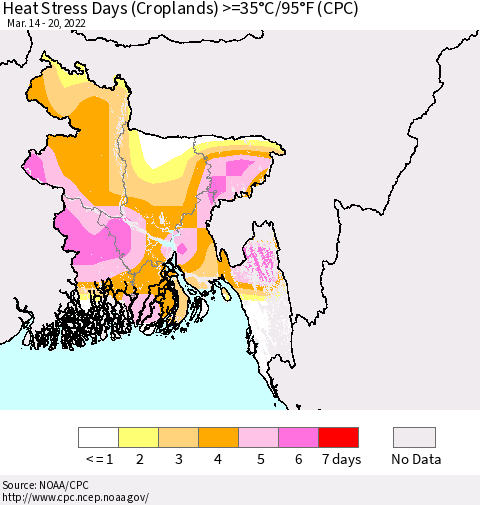 Bangladesh Heat Stress Days (Croplands) >=35°C/95°F (CPC) Thematic Map For 3/14/2022 - 3/20/2022