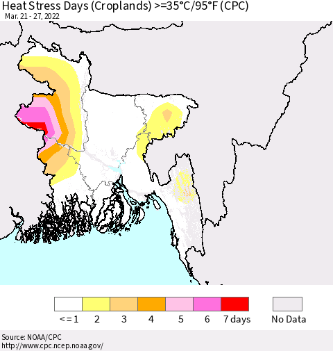Bangladesh Heat Stress Days (Croplands) >=35°C/95°F (CPC) Thematic Map For 3/21/2022 - 3/27/2022