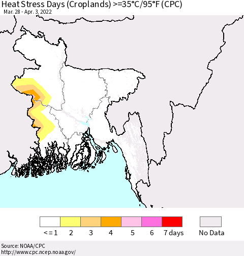 Bangladesh Heat Stress Days (Croplands) >=35°C/95°F (CPC) Thematic Map For 3/28/2022 - 4/3/2022
