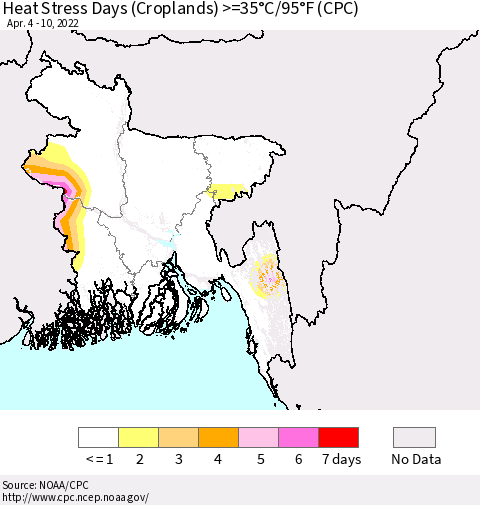 Bangladesh Heat Stress Days (Croplands) >=35°C/95°F (CPC) Thematic Map For 4/4/2022 - 4/10/2022