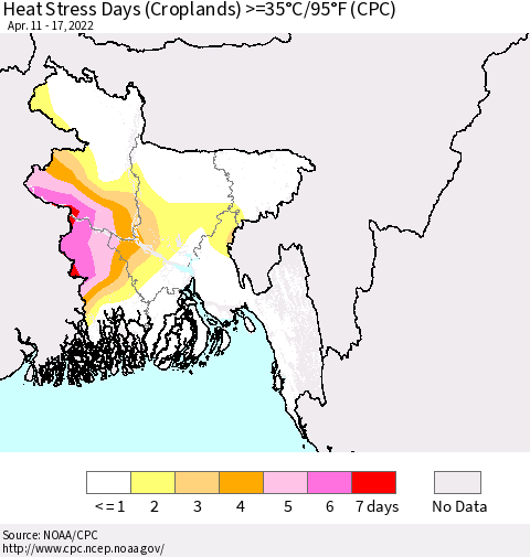 Bangladesh Heat Stress Days (Croplands) >=35°C/95°F (CPC) Thematic Map For 4/11/2022 - 4/17/2022