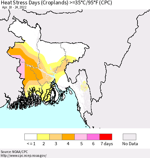 Bangladesh Heat Stress Days (Croplands) >=35°C/95°F (CPC) Thematic Map For 4/18/2022 - 4/24/2022