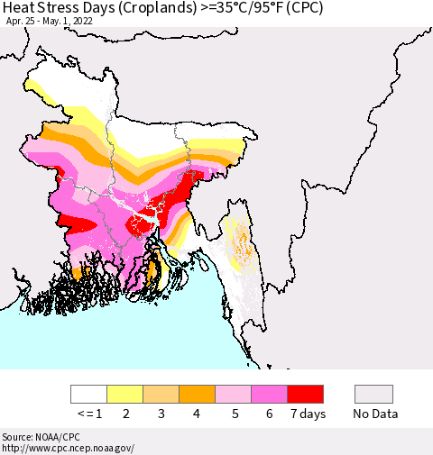 Bangladesh Heat Stress Days (Croplands) >=35°C/95°F (CPC) Thematic Map For 4/25/2022 - 5/1/2022