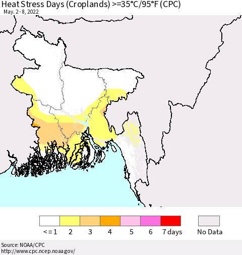 Bangladesh Heat Stress Days (Croplands) >=35°C/95°F (CPC) Thematic Map For 5/2/2022 - 5/8/2022