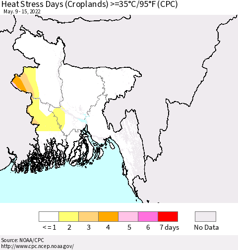 Bangladesh Heat Stress Days (Croplands) >=35°C/95°F (CPC) Thematic Map For 5/9/2022 - 5/15/2022