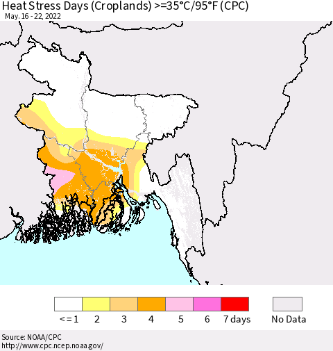 Bangladesh Heat Stress Days (Croplands) >=35°C/95°F (CPC) Thematic Map For 5/16/2022 - 5/22/2022
