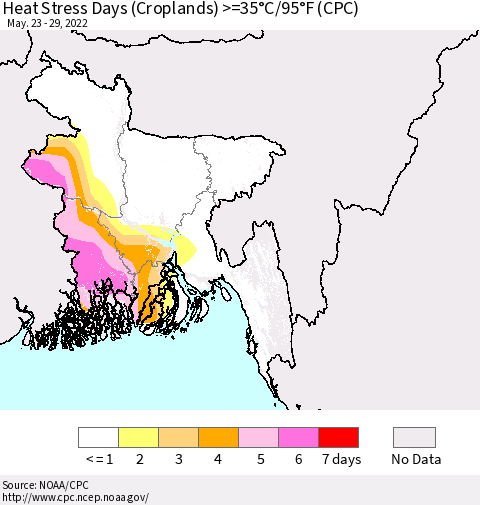 Bangladesh Heat Stress Days (Croplands) >=35°C/95°F (CPC) Thematic Map For 5/23/2022 - 5/29/2022