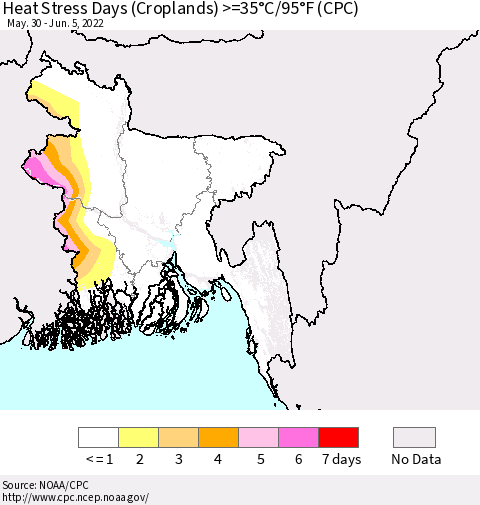 Bangladesh Heat Stress Days (Croplands) >=35°C/95°F (CPC) Thematic Map For 5/30/2022 - 6/5/2022