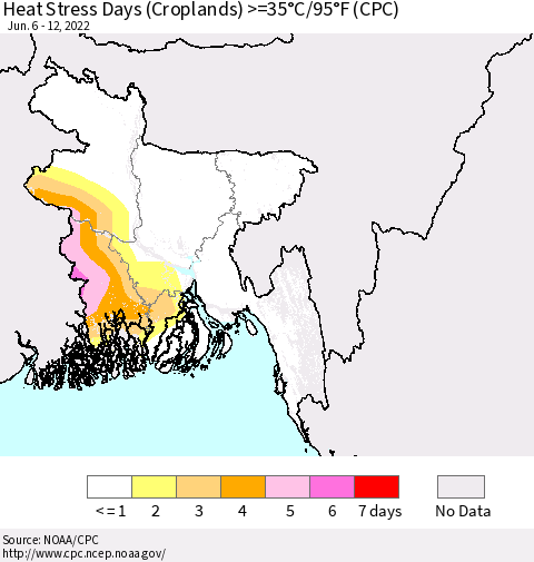 Bangladesh Heat Stress Days (Croplands) >=35°C/95°F (CPC) Thematic Map For 6/6/2022 - 6/12/2022