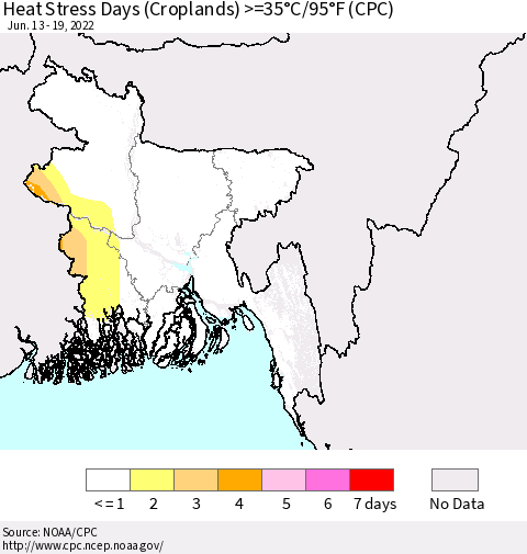 Bangladesh Heat Stress Days (Croplands) >=35°C/95°F (CPC) Thematic Map For 6/13/2022 - 6/19/2022