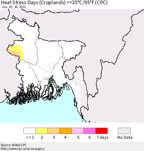 Bangladesh Heat Stress Days (Croplands) >=35°C/95°F (CPC) Thematic Map For 6/20/2022 - 6/26/2022