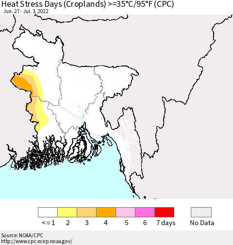 Bangladesh Heat Stress Days (Croplands) >=35°C/95°F (CPC) Thematic Map For 6/27/2022 - 7/3/2022