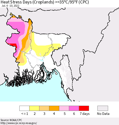 Bangladesh Heat Stress Days (Croplands) >=35°C/95°F (CPC) Thematic Map For 7/4/2022 - 7/10/2022