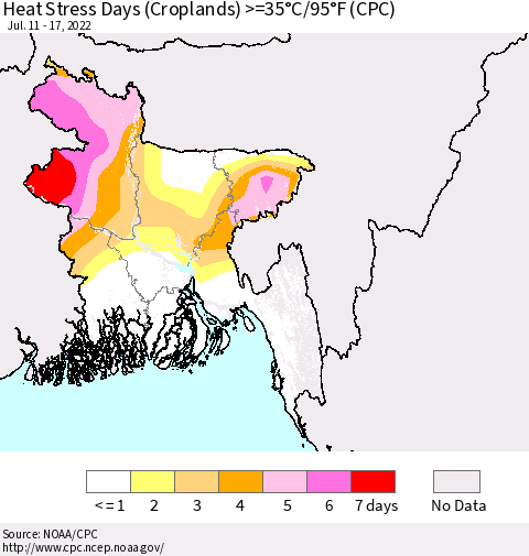 Bangladesh Heat Stress Days (Croplands) >=35°C/95°F (CPC) Thematic Map For 7/11/2022 - 7/17/2022