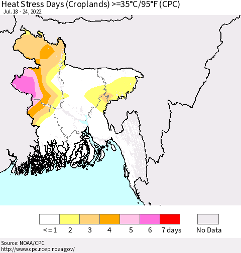 Bangladesh Heat Stress Days (Croplands) >=35°C/95°F (CPC) Thematic Map For 7/18/2022 - 7/24/2022