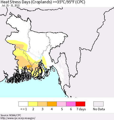 Bangladesh Heat Stress Days (Croplands) >=35°C/95°F (CPC) Thematic Map For 7/25/2022 - 7/31/2022