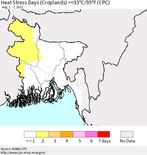 Bangladesh Heat Stress Days (Croplands) >=35°C/95°F (CPC) Thematic Map For 8/1/2022 - 8/7/2022