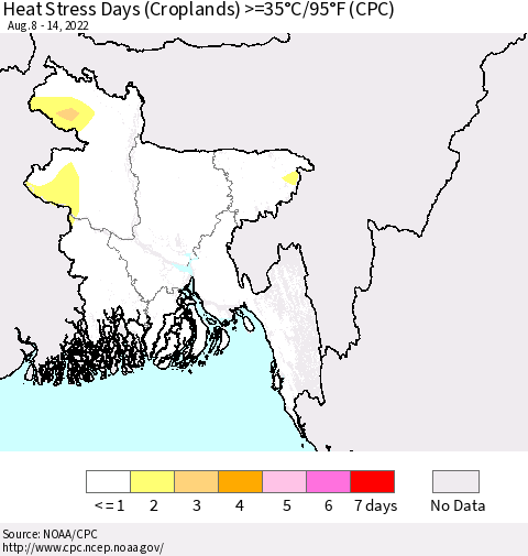 Bangladesh Heat Stress Days (Croplands) >=35°C/95°F (CPC) Thematic Map For 8/8/2022 - 8/14/2022