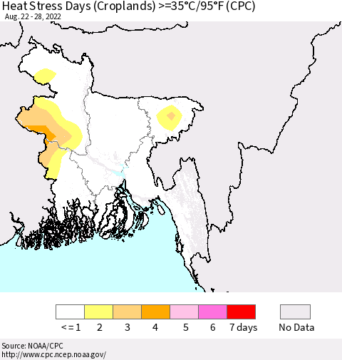 Bangladesh Heat Stress Days (Croplands) >=35°C/95°F (CPC) Thematic Map For 8/22/2022 - 8/28/2022