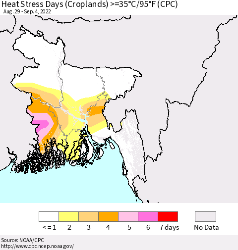 Bangladesh Heat Stress Days (Croplands) >=35°C/95°F (CPC) Thematic Map For 8/29/2022 - 9/4/2022